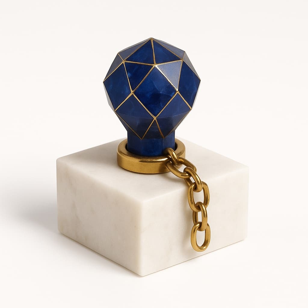 A cobalt-and-gold cryptographic seal anchored into a marble block